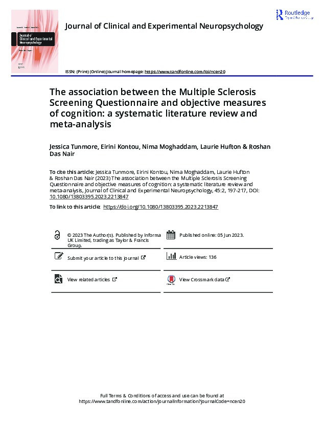 The association between the Multiple Sclerosis Screening Questionnaire and objective measures of cognition: a systematic literature review and meta-analysis Thumbnail