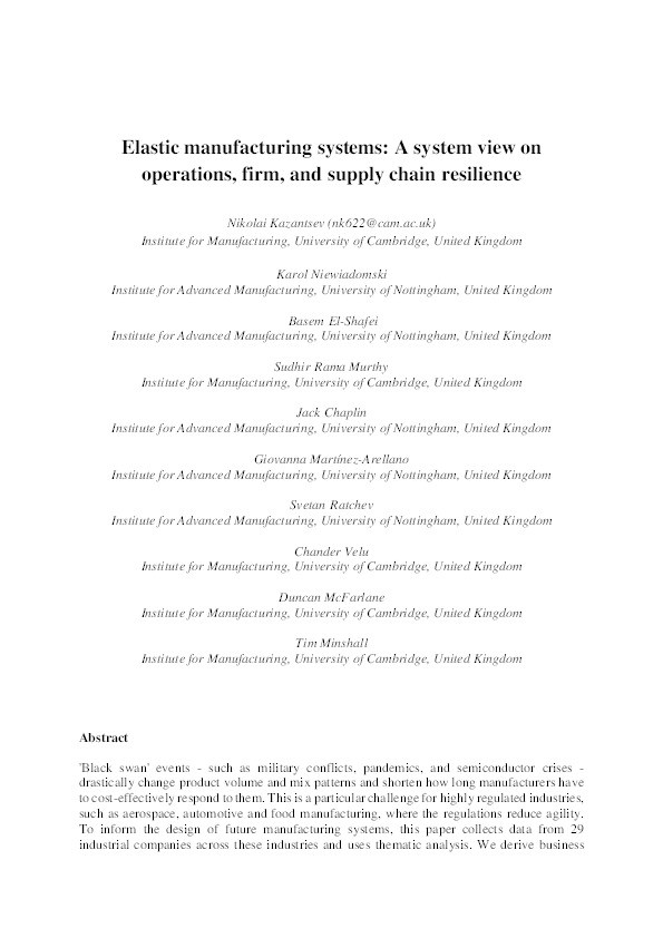 Elastic manufacturing systems: A system view on operations, firm, and supply chain resilience Thumbnail
