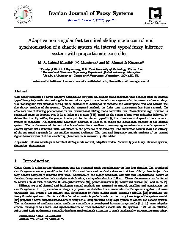 Adaptive non-singular fast terminal sliding mode control and synchronization of a chaotic system via interval type-2 fuzzy inference system with proportionate controller Thumbnail