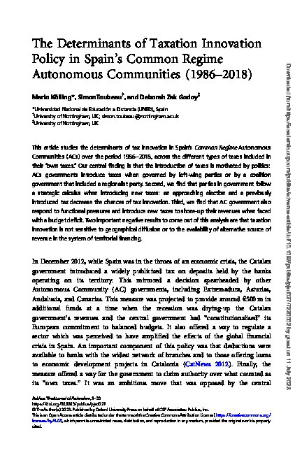 The Determinants of Taxation Innovation Policy in Spain’s Common Regime Autonomous Communities (1986-2018) Thumbnail