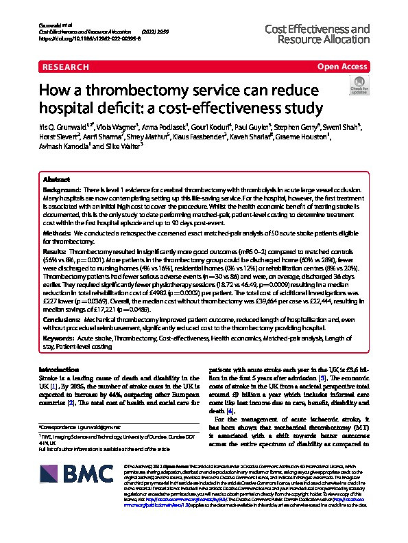 How a thrombectomy service can reduce hospital deficit: a cost-effectiveness study Thumbnail