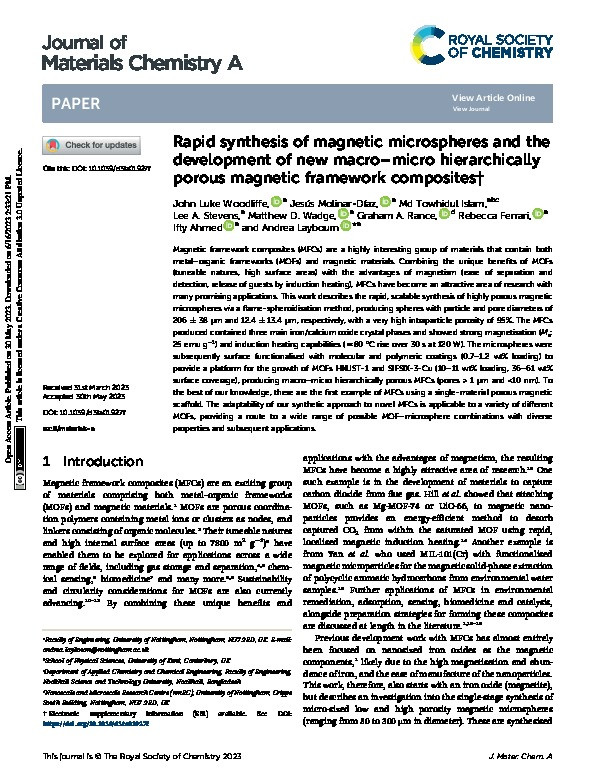 Rapid synthesis of magnetic microspheres and the development of new macro-micro hierarchically porous magnetic framework composites Thumbnail