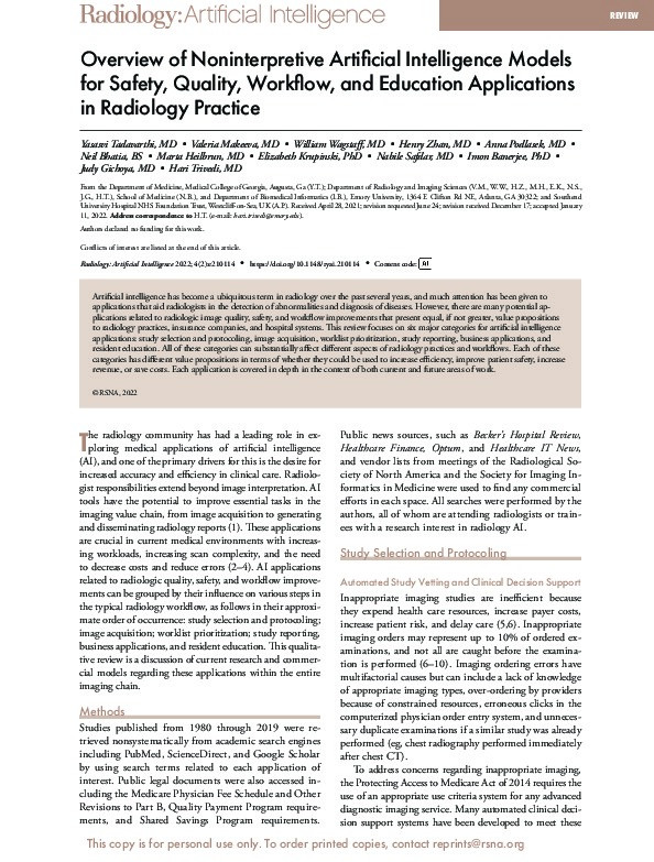 Overview of Noninterpretive Artificial Intelligence Models for Safety, Quality, Workflow, and Education Applications in Radiology Practice Thumbnail