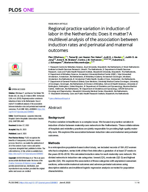 Regional practice variation in induction of labor in the Netherlands: Does it matter? A multilevel analysis of the association between induction rates and perinatal and maternal outcomes Thumbnail