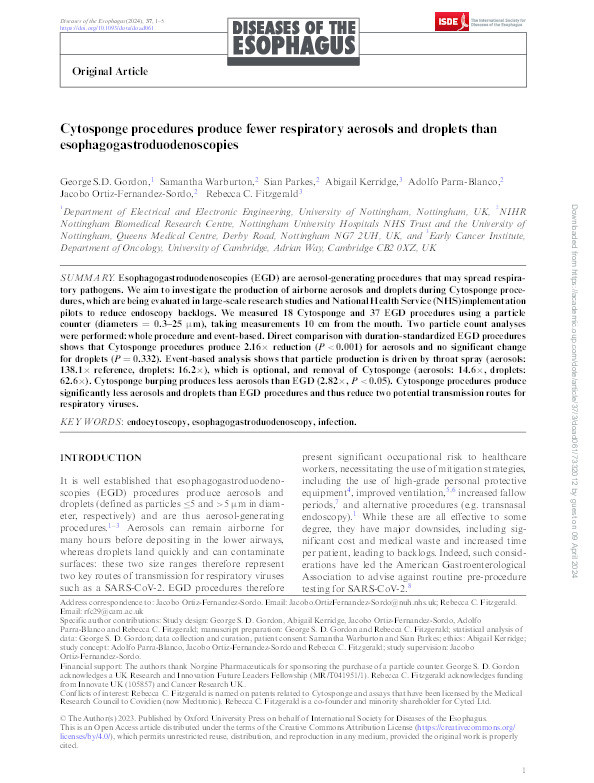 Cytosponge procedures produce fewer respiratory aerosols and droplets than oesophagogastroduodenoscopies Thumbnail