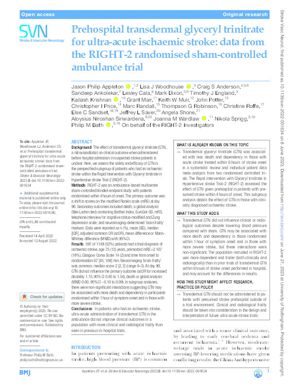 Prehospital transdermal glyceryl trinitrate for ultra-acute ischaemic stroke: data from the RIGHT-2 randomised sham-controlled ambulance trial Thumbnail