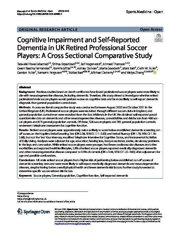 Cognitive Impairment and Self-Reported Dementia in UK Retired Professional Soccer Players: A Cross Sectional Comparative Study Thumbnail
