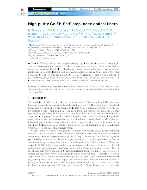 High purity Ge-Sb-Se/S step index optical fibers Thumbnail