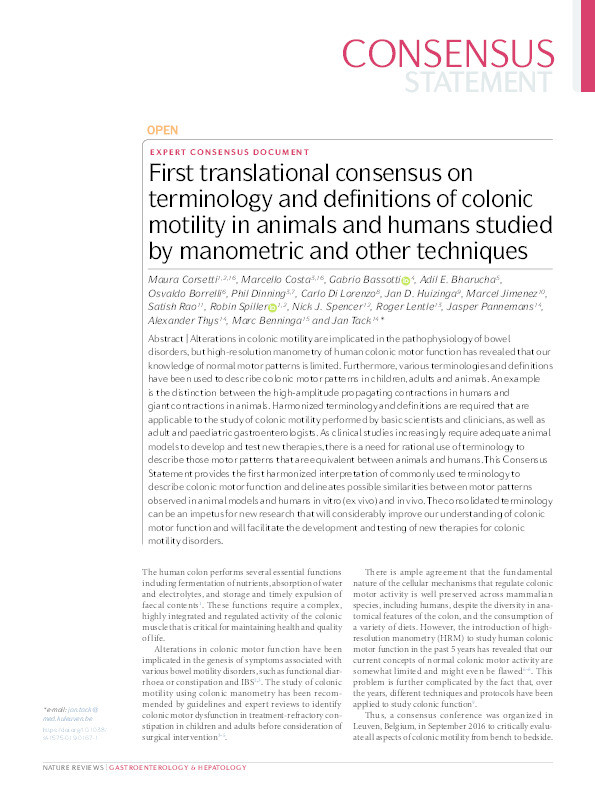 First translational consensus on terminology and definitions of colonic motility in animals and humans studied by manometric and other techniques Thumbnail