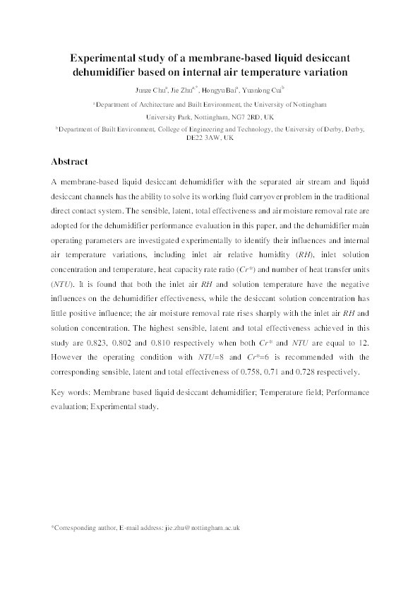 Experimental study of a membrane-based liquid desiccant dehumidifier based on internal air temperature variation Thumbnail
