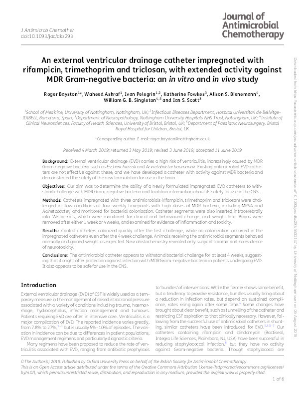 An external ventricular drainage catheter impregnated with rifampicin, trimethoprim and triclosan, with extended activity against multi-drug-resistant Gram negative bacteria: an in vitro and in vivo study Thumbnail