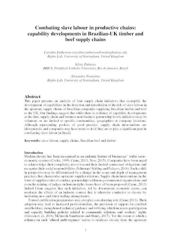 Combating slave labour in productive chains: capability developments in Brazilian-UK timber and beef supply chains Thumbnail