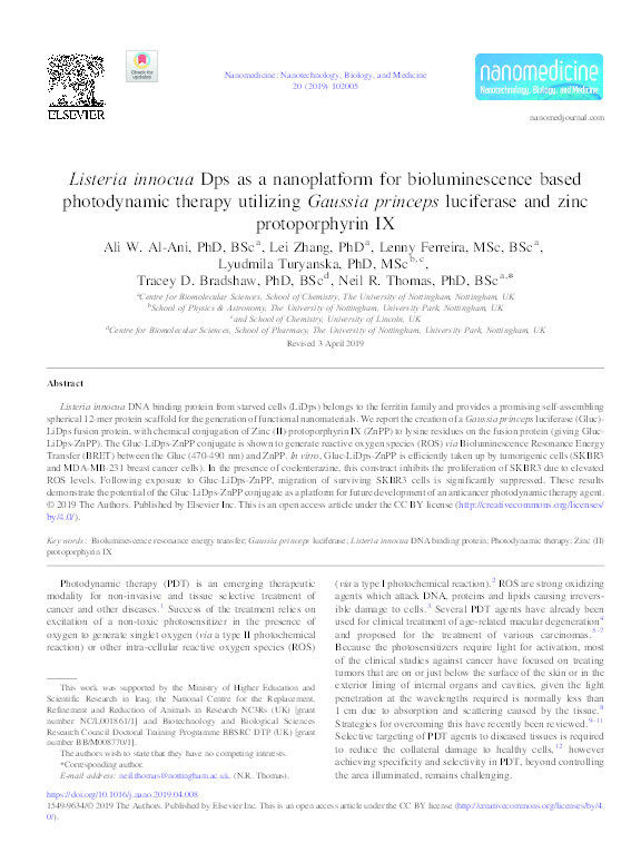 Listeria innocua Dps as a nanoplatform for bioluminescence based photodynamic therapy utilizing Gaussia princeps luciferase and zinc protoporphyrin IX Thumbnail