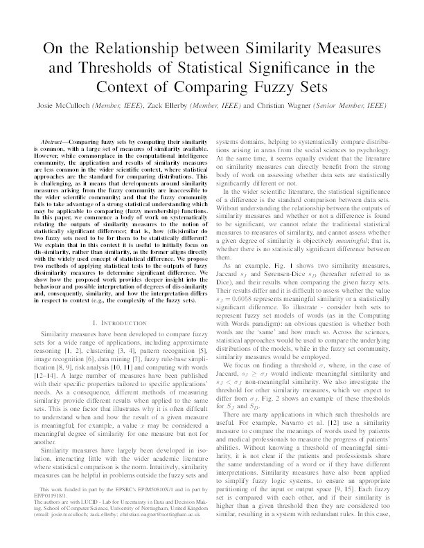On the Relationship between Similarity Measures and Thresholds of Statistical Significance in the Context of Comparing Fuzzy Sets Thumbnail