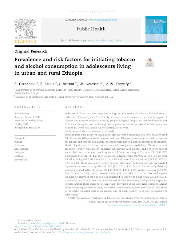 Prevalence and risk factors for initiating alcohol and tobacco consumption in adolescents living in urban and rural Ethiopia Thumbnail