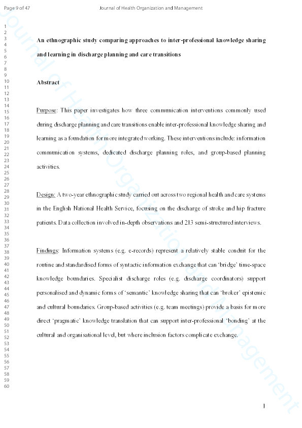 An ethnographic study comparing approaches to inter-professional knowledge sharing and learning in discharge planning and care transitions Thumbnail