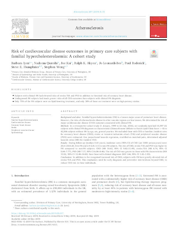 Risk of cardiovascular disease outcomes in primary care subjects with familial hypercholesterolaemia: A cohort study Thumbnail