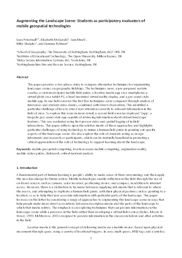 Augmenting the landscape scene: students as participatory evaluators of mobile geospatial technologies Thumbnail