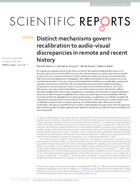 Distinct mechanisms govern recalibration to audio-visual discrepancies in remote and recent history Thumbnail