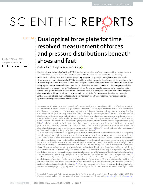 Dual optical force plate for time resolved measurement of forces and pressure distributions beneath shoes and feet Thumbnail