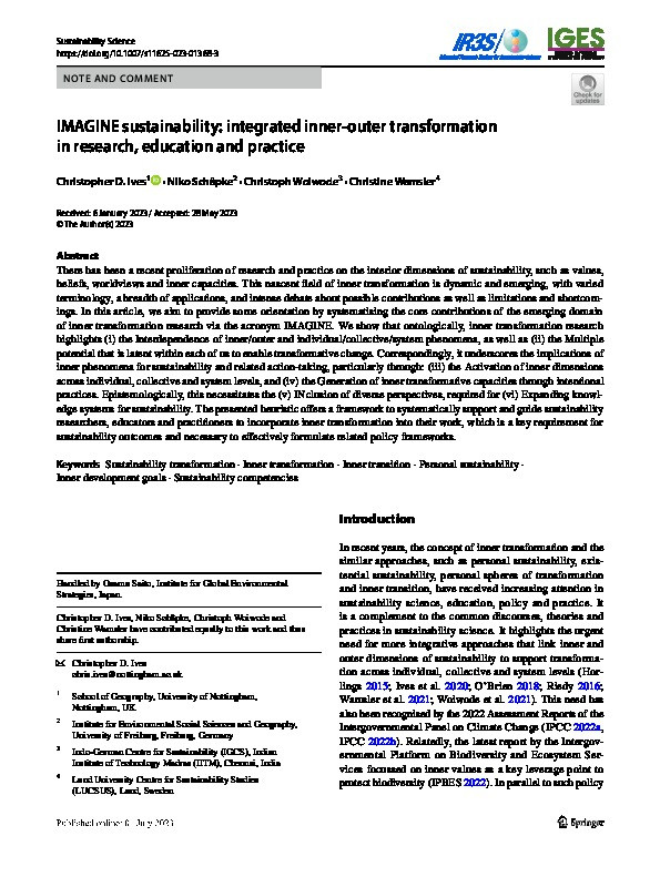 IMAGINE sustainability: integrated inner-outer transformation in research, education and practice Thumbnail
