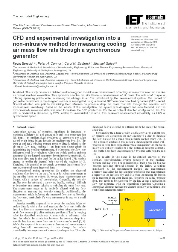 CFD and experimental investigation into a non-intrusive method for measuring cooling air mass flow rate through a synchronous generator Thumbnail