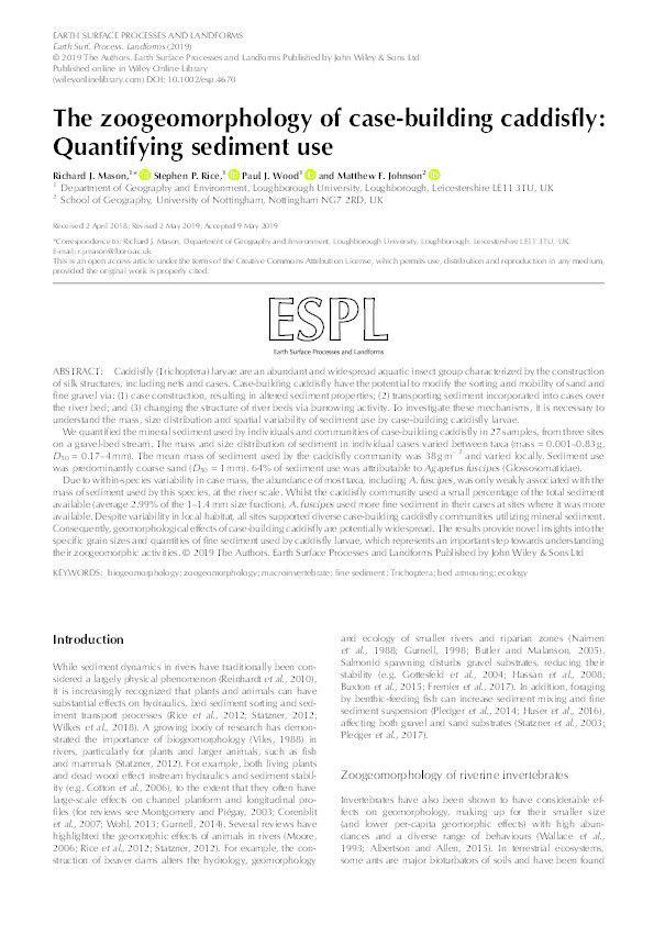 The zoogeomorphology of case‐building caddisfly: Quantifying sediment use Thumbnail