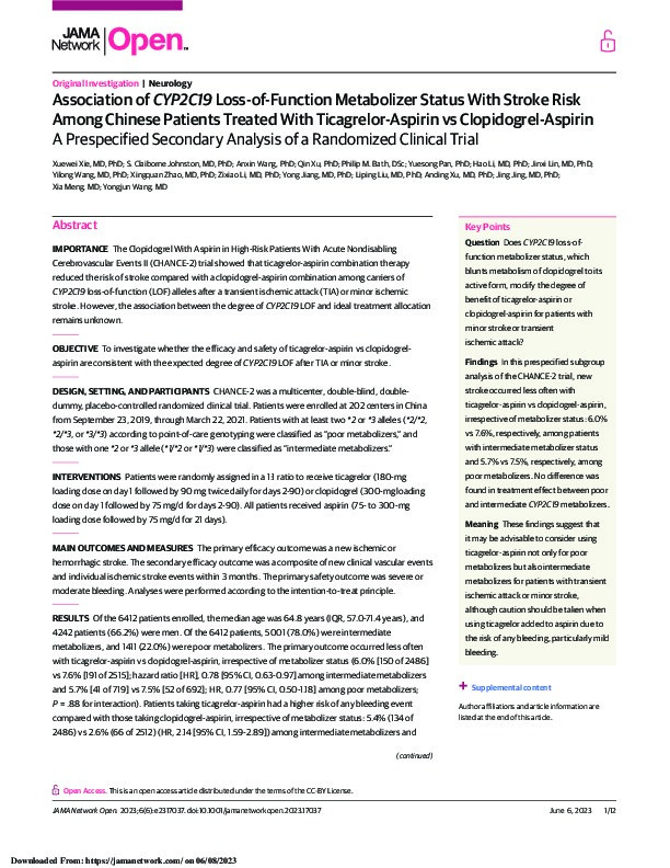 Association of CYP2C19 Loss-of-Function Metabolizer Status With Stroke Risk Among Chinese Patients Treated With Ticagrelor-Aspirin vs Clopidogrel-Aspirin: A Prespecified Secondary Analysis of a Randomized Clinical Trial. Thumbnail
