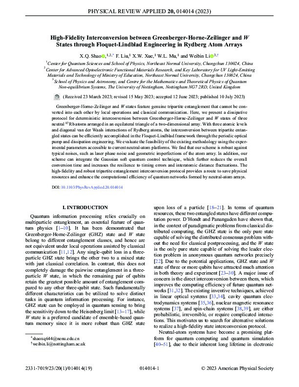 High-Fidelity Interconversion between Greenberger-Horne-Zeilinger and W States through Floquet-Lindblad Engineering in Rydberg Atom Arrays Thumbnail