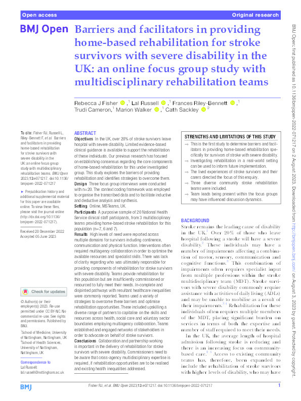 Barriers and facilitators in providing home-based rehabilitation for stroke survivors with severe disability in the UK: an online focus group study with multidisciplinary rehabilitation teams Thumbnail