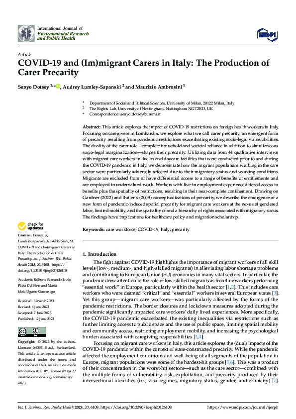 COVID-19 and (Im)migrant Carers in Italy: The Production of Carer Precarity Thumbnail