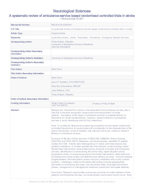 A systematic review of ambulance service-based randomised controlled trials in stroke Thumbnail