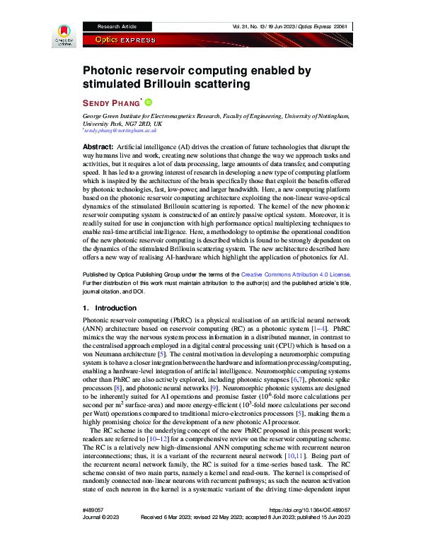 Photonic reservoir computing enabled by stimulated Brillouin scattering Thumbnail