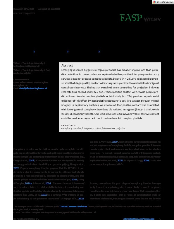 More than a prejudice reduction effect: Positive intergroup contact reduces conspiracy theory beliefs Thumbnail