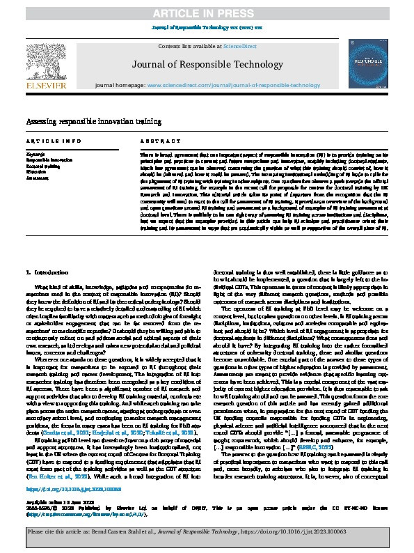 Assessing responsible innovation training Thumbnail