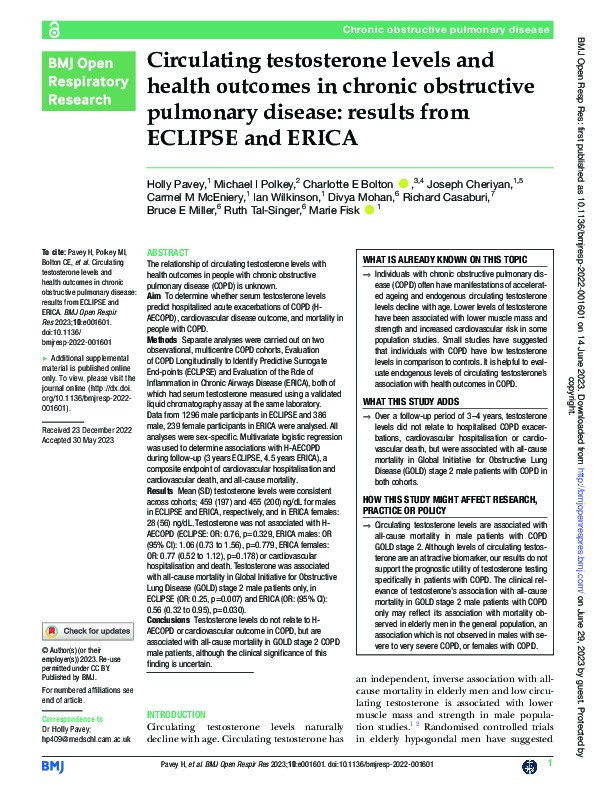 Circulating testosterone levels and health outcomes in chronic obstructive pulmonary disease: results from ECLIPSE and ERICA Thumbnail