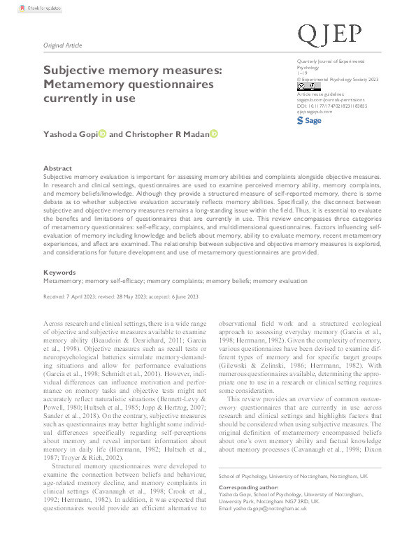 Subjective memory measures: Metamemory questionnaires currently in use Thumbnail