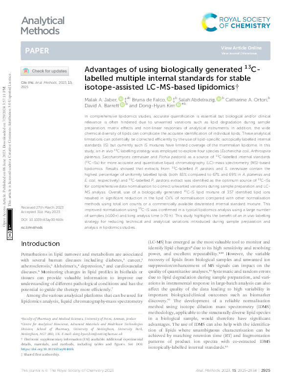 Advantages of using biologically generated 13C-labelled multiple internal standards for stable isotope-assisted LC-MS-based lipidomics Thumbnail