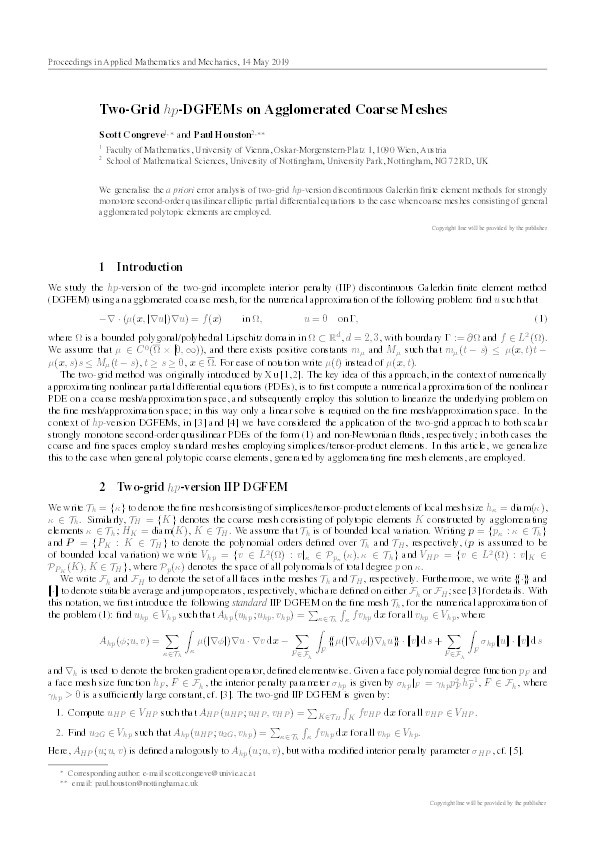 Two‐Grid            hp            ‐DGFEMs on Agglomerated Coarse Meshes Thumbnail