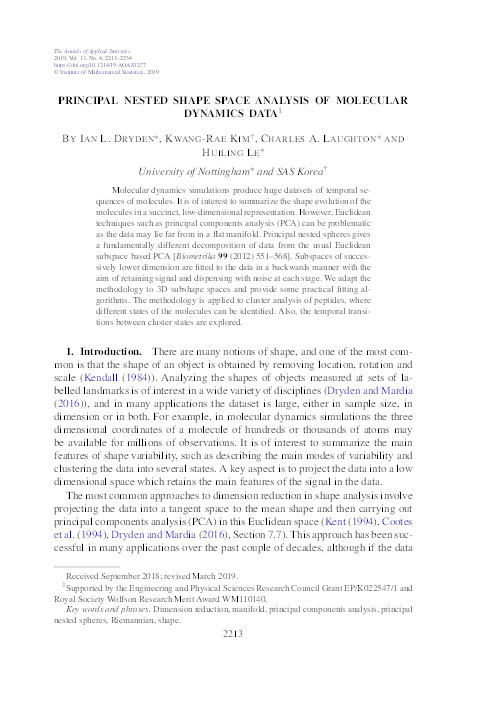 Principal nested shape space analysis of molecular dynamics data Thumbnail