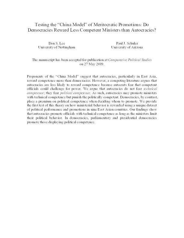 Testing the “China Model” of Meritocratic Promotions: Do Democracies Reward Less Competent Ministers Than Autocracies? Thumbnail