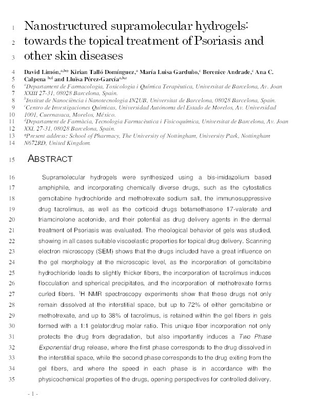 Nanostructured supramolecular hydrogels: Towards the topical treatment of Psoriasis and other skin diseases Thumbnail