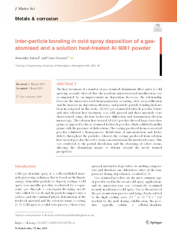 Inter-particle bonding in cold spray deposition of a gas-atomised and a solution heat-treated Al 6061 powder Thumbnail