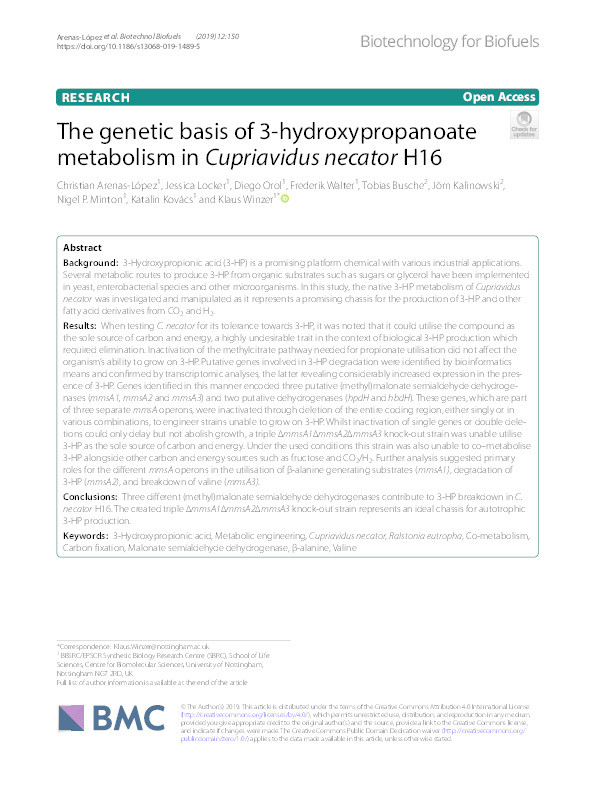 The genetic basis of 3-hydroxypropanoate metabolism in Cupriavidus necator H16 Thumbnail