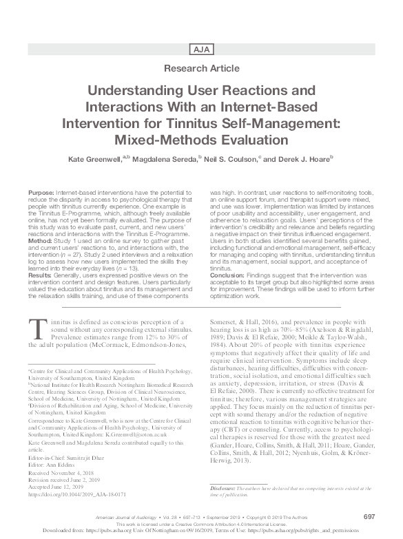 Understanding user reactions and interactions with an Internet-based intervention for tinnitus self-management: Mixed-methods evaluation Thumbnail