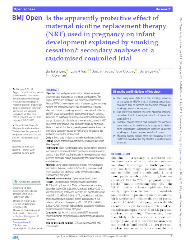 Is the apparently protective effect of maternal nicotine replacement therapy (NRT) used in pregnancy on infant development explained by smoking cessation?: secondary analyses of a randomised controlled trial. Thumbnail
