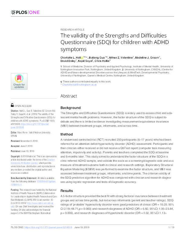 The validity of the Strengths and Difficulties Questionnaire (SDQ) for children with ADHD symptoms Thumbnail