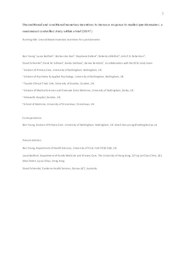 Unconditional and conditional monetary incentives to increase response to mailed questionnaires: A randomized controlled study within a trial (SWAT) Thumbnail