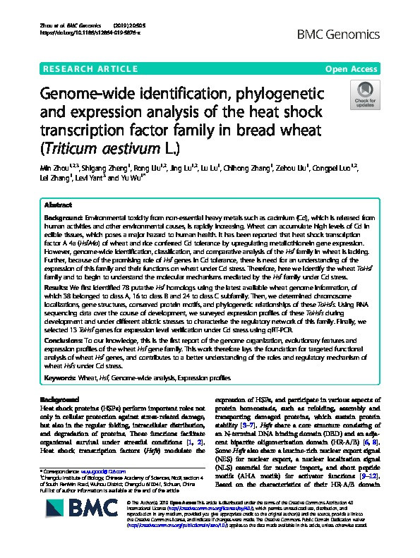 Genome-wide identification, phylogenetic and expression analysis of the heat shock transcription factor family in bread wheat (Triticum aestivum L.) Thumbnail