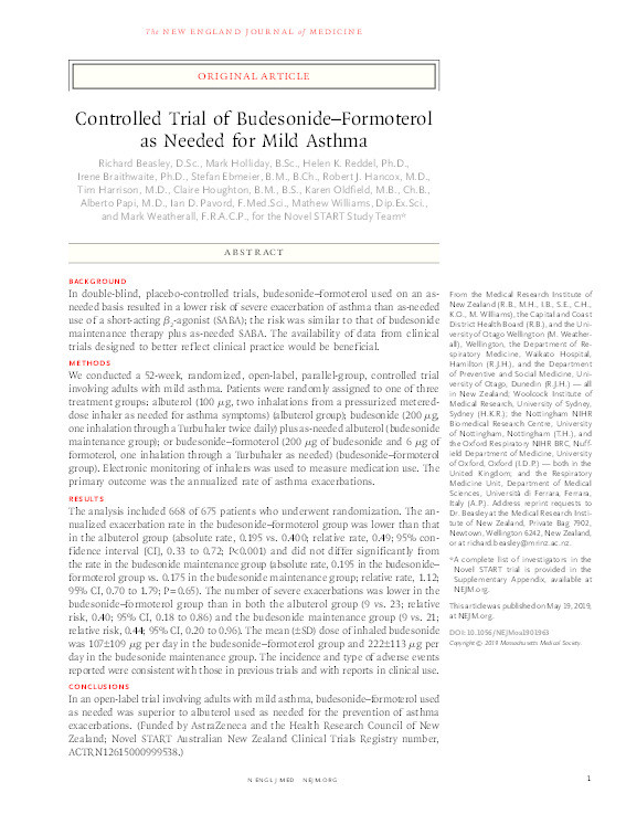 Controlled Trial of Budesonide–Formoterol as Needed for Mild Asthma Thumbnail